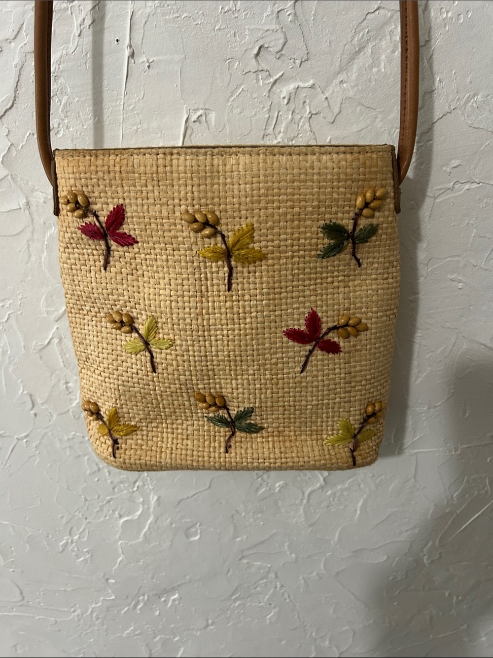 Fossil Woven Straw Crossbody Bag with Multicolor Leaf Embroidery